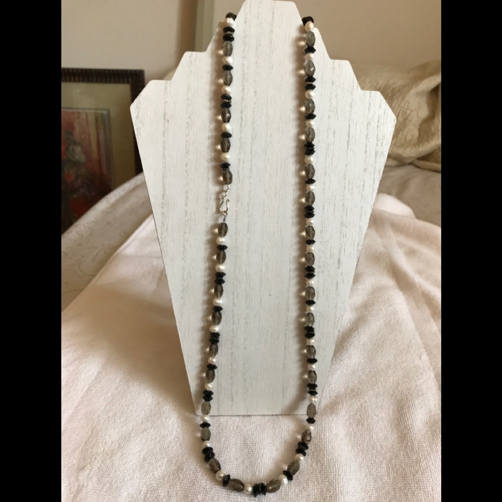 Silver, Pearl, Black & Taupe Crystal Necklace